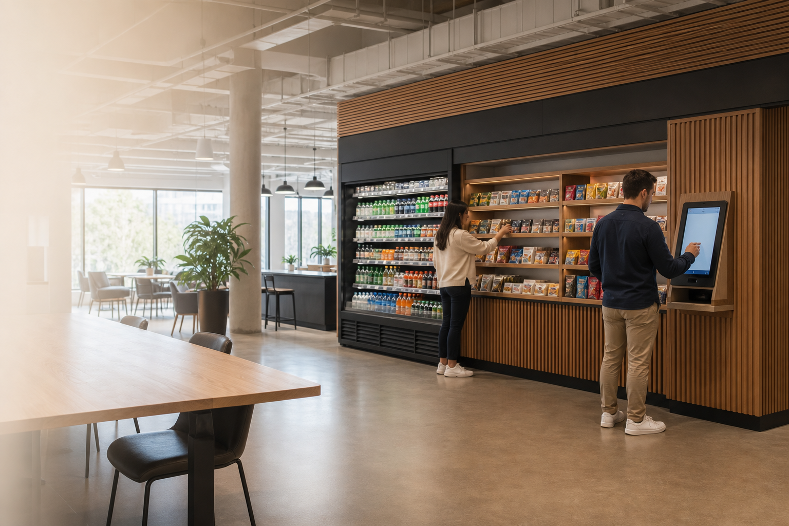 A modern workplace micro market with stocked shelves, refrigerated drinks, and self-checkout